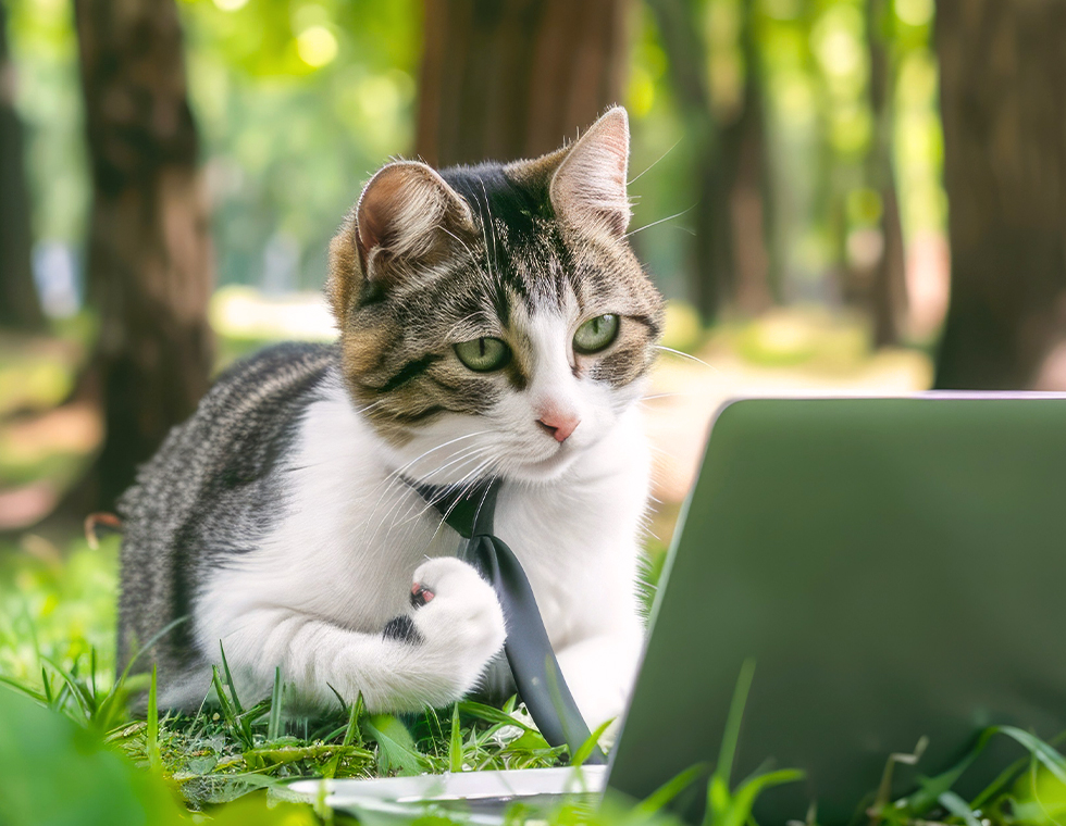 a cat wearing a tie intently looks at a laptop in a sunlit park