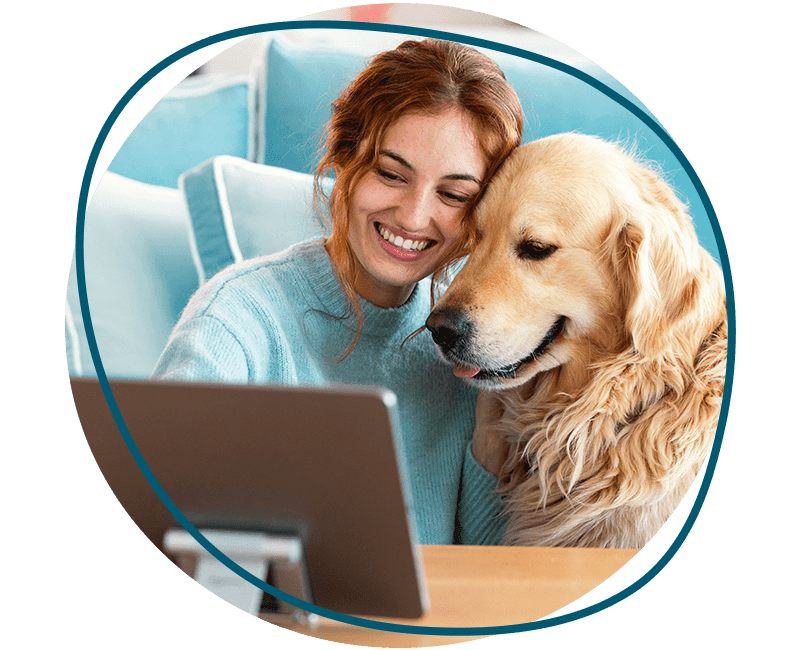  smiley woman and dog with tablet